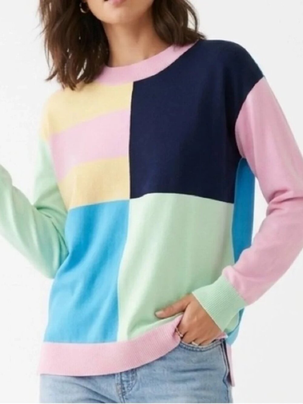 Lands' End Pastel Color Block Boxy Sweater Relaxed Fit Crewneck Large - Picture 2 of 10